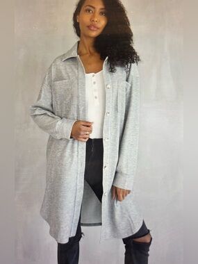 Long Button-Down Shacket with Pockets-Soft Gray-S/M